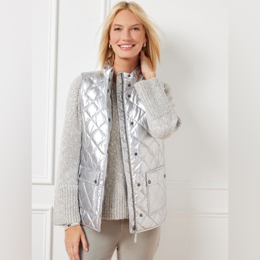 Talbots Quilted Down Puffer Vest Metallic Silver Size LP New with Tags